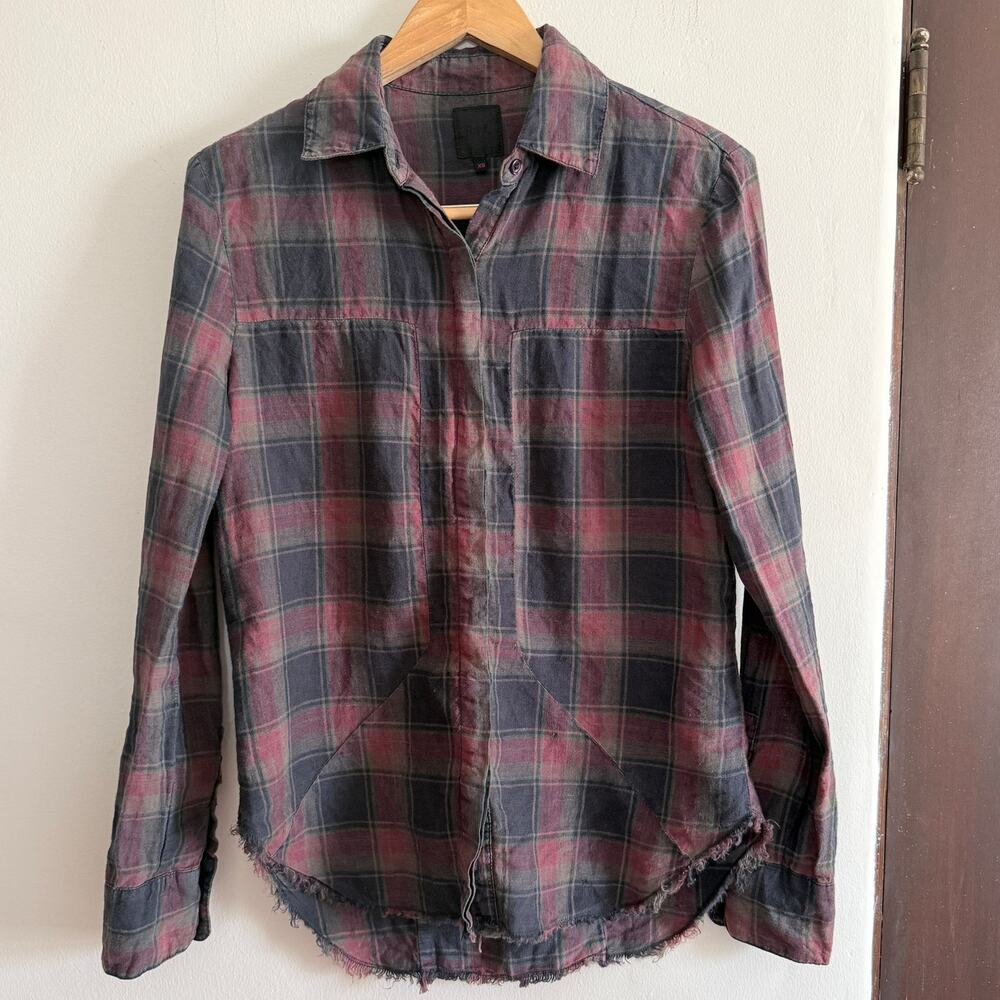 RTA | Burgundy Black Plaid Linen Raw Edge Button Down Shirt | Extra Small